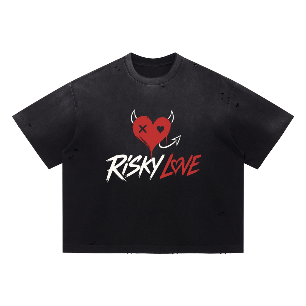 Red Risky Love Tail Unisex Vintage Washed Distressed Boxy Oversized T-Shirt