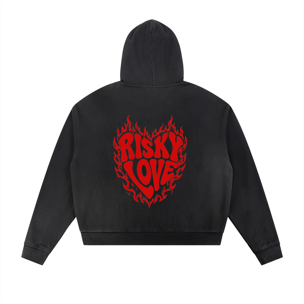 Heart Risky Love Sun Fade Frayed Raw Edge Fleece Zip Hoodie