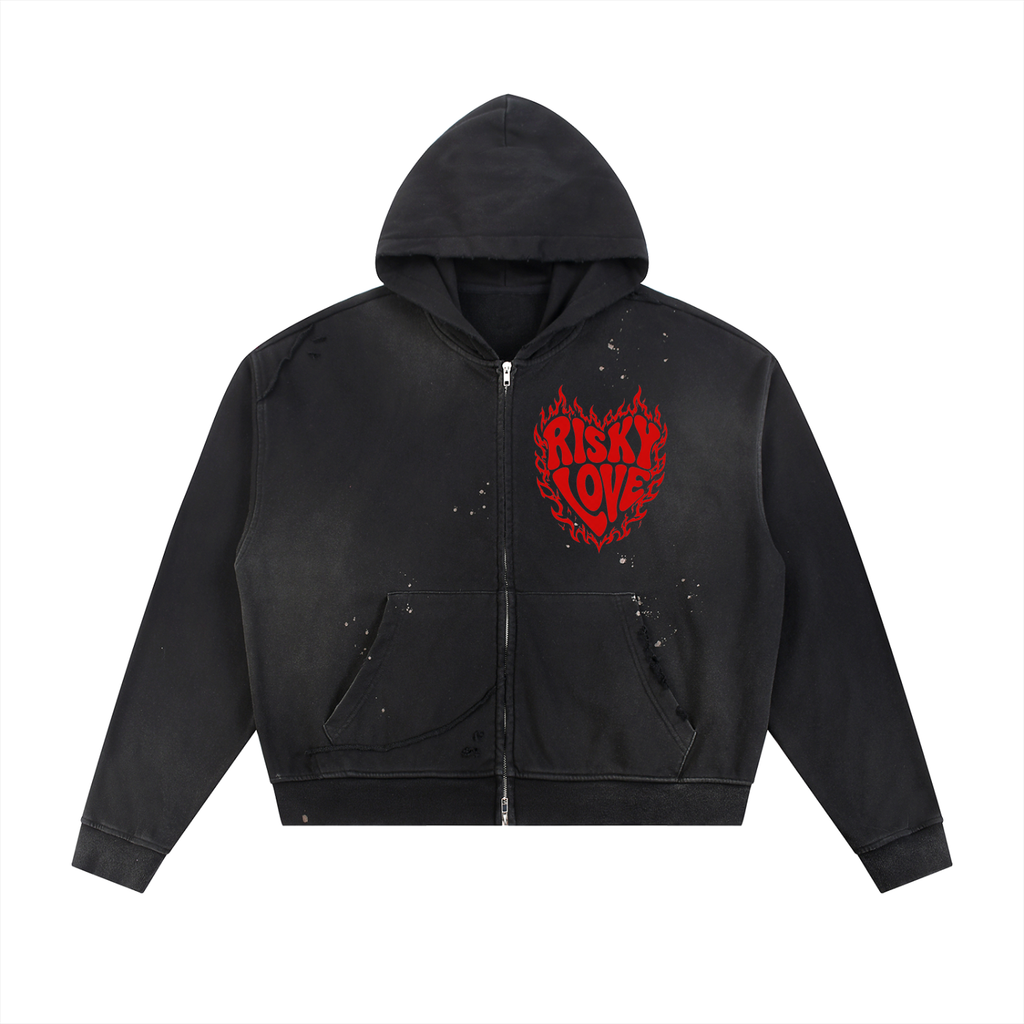 Heart Risky Love Sun Fade Frayed Raw Edge Fleece Zip Hoodie
