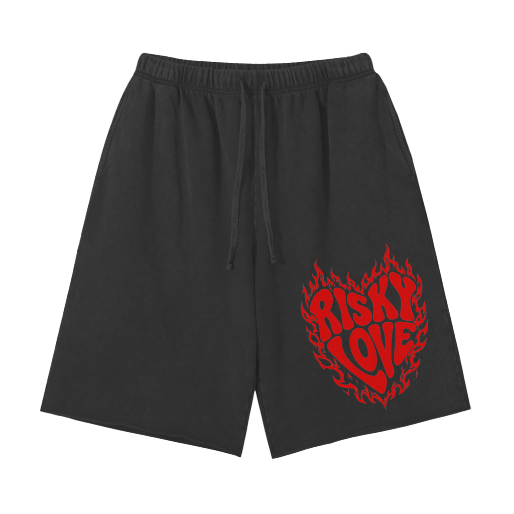 Men's Flame Heart Risky Love Snow Washed Raw Hem Shorts