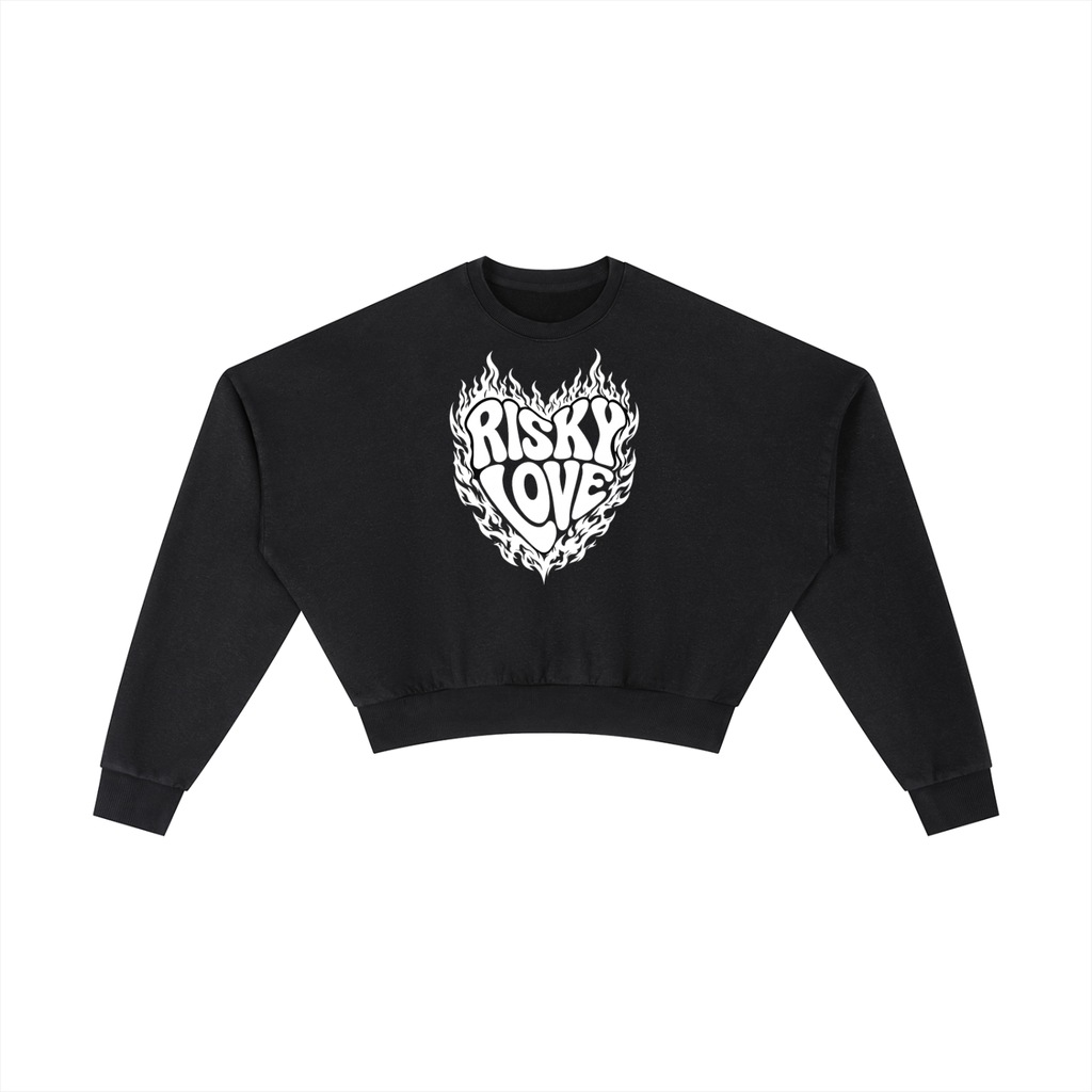 Women's Risky Love Heart White Flamed Vintage Washed Cropped Sweatshirt
